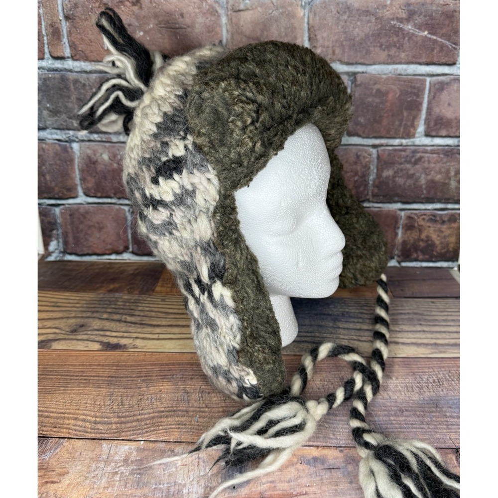 American‎ Eagle Wool Alpaca Trapper Hat Cap Brown Gray Pom Tassel Ear Flap Y2K